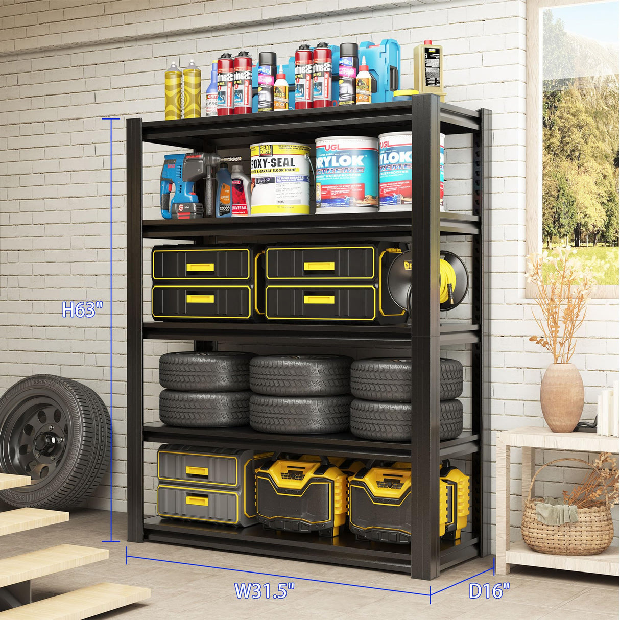 Metal Storage Shelving Heavy Duty, Shelves Unit for Garage, Adjustable 5 Tier Storage Rack, Industrial Utility Shelf for Garage, Warehouse, Basement, Kitchen,15.7" D x 31.5" W x 63" H, Black BIZOEIRON