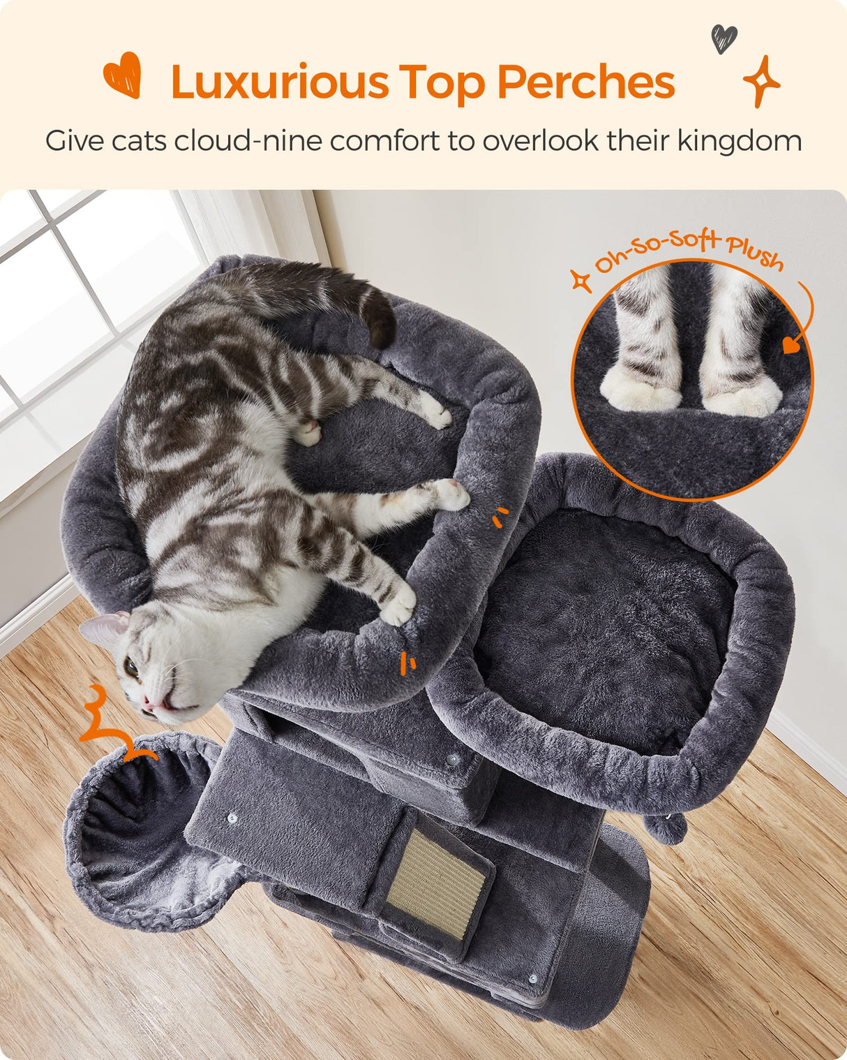 Feandrea Cat Tree, 81.1-Inch Large Cat Tower with 13 Scratching Posts, 2 Perches, 2 Caves, Basket, Hammock, Pompoms, Multi-Level Plush Cat Condo for Indoor Cats, Smoky Gray UPCT190G01 Feandrea