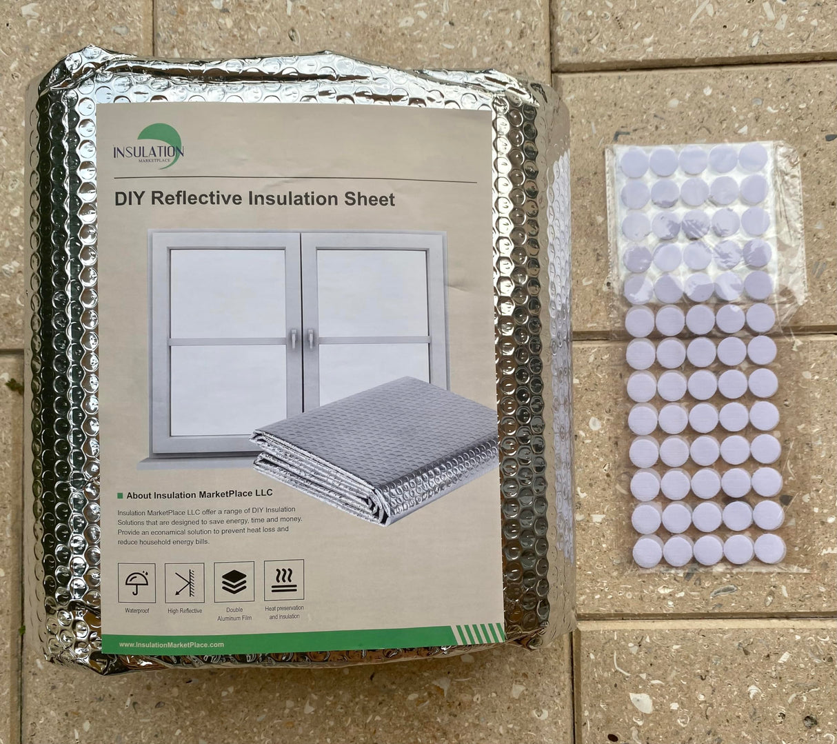 INSULATION MARKETPLACE - 48" x10ft DIY Bubble Core Reflective Insulation Sheet, Window Insulation Kit, Garage Door Insulation, Thermal Insulation Shield, RV Window Insulation + 65 Self Adhesive Pads INSULATION MARKETPLACE