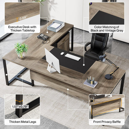 Tribesigns 70.8-Inch Executive Desk with Mobile File Cabinet, Large L Shaped Computer Desk with Storage Cabinet, L-Shaped Desk with Drawer Cabinet for Home Office, Retro Gray & Black - WoodArtSupply