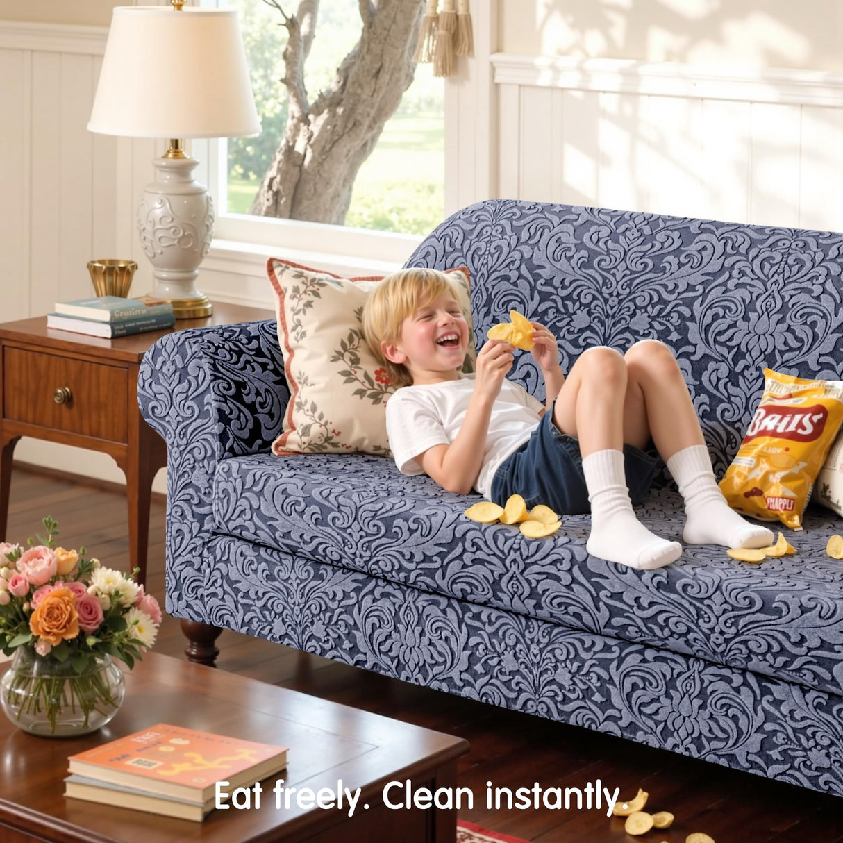 SUBRTEX 2 Piece Couch Covers, Jacquard Damask 3 Seater Sofa Cover with Seat Cushion, Stretch Sofa Slipcovers Non Slip Furniture Protector for Dogs Pets (Large, Grey) SUBRTEX