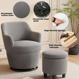 Ball & Cast Swivel Accent Arm Chair with Storage Ottoman, 360°-Swivel Barrel Chair and Footstool, Backrest Recliner Chair w/Ottoman, High Back Linen Single Sofa Side-Chair Stool w/Tray, Grey Ball & Cast