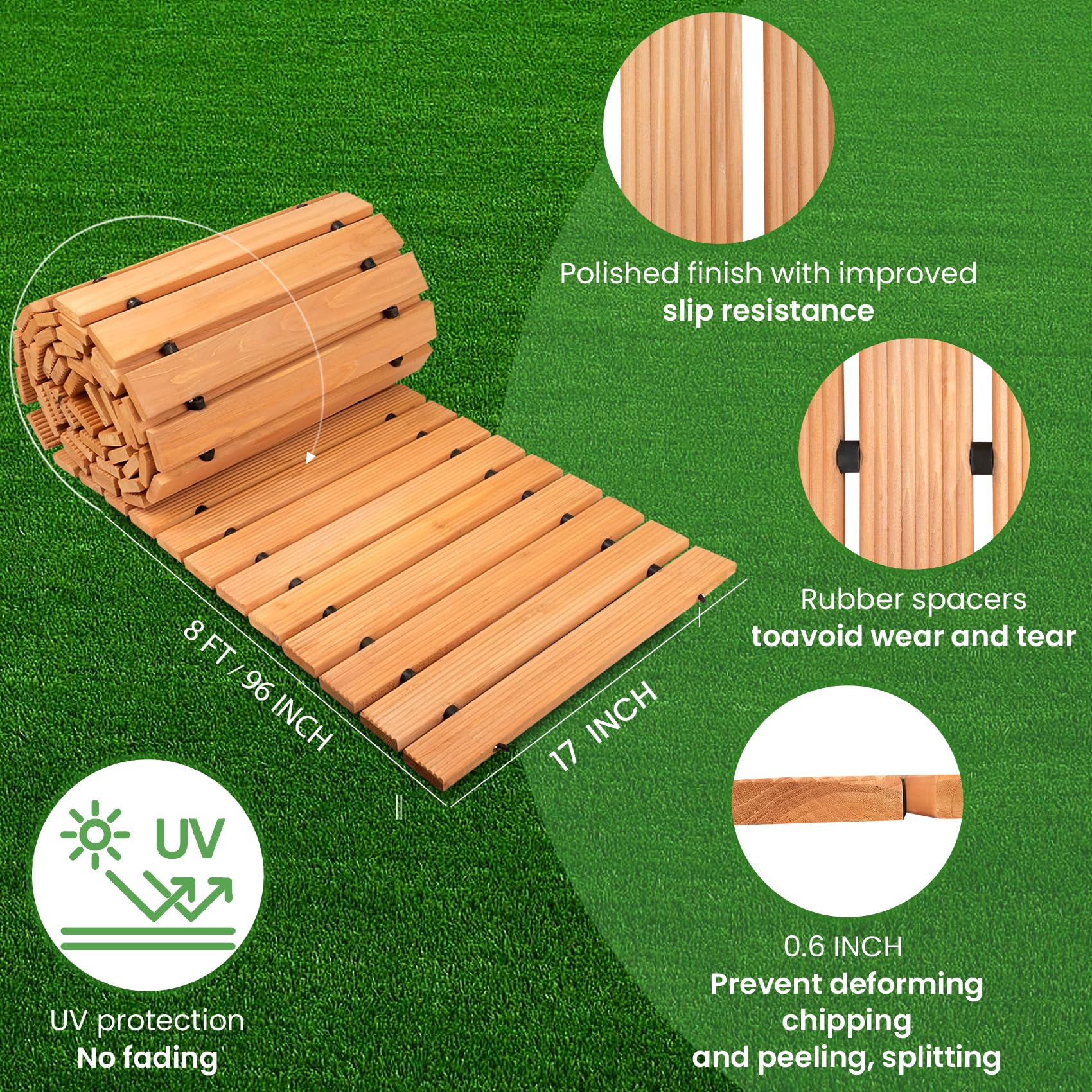 Wooden Garden Pathway 8FT Roll Out Wooden Pathway Garden Boardwalk Walkways Weather-Resistant UV Protected Roll Up Wood Road Floor for Outdoor - WoodArtSupply