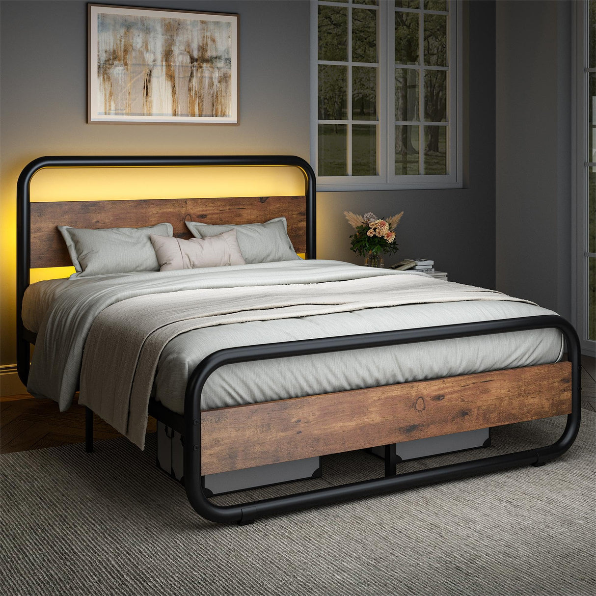 Catrimown Rustic Industrial Full Size Metal Bed Frame with LED Headboard and Footboard - Heavy Duty Design with Under Bed Storage Catrimown