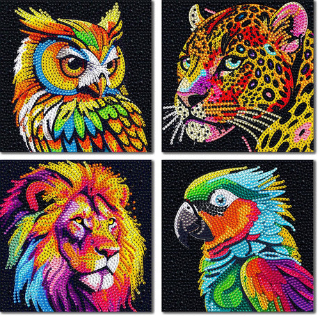 UiSdfuy Diamond Art Kits for Kids, Arts & Crafts Ages 8-12,Diamond Art for Boys Girls,Gem Art 4 Pack Diamond Painting 6"x 6" - Lion Owl Leopard Parrot UiSdfuy