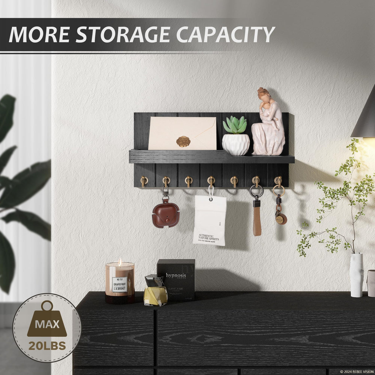 Rebee Vision Decorative Key and Mail Holder for Wall - Farmhouse 15 Inches Floating Shelf with 7 Sturdy Key Hooks for Home Entryway Wall Decor - Rustic Key Racks (Black) Rebee Vision