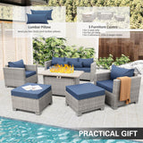 WAROOM Patio Furniture Set 6 Piece Grey Wicker Outdoor Furniture Patio Sectional Sofa Couch PE Rattan Conversation Sets with Fire Pit Table, Blue Cushion WAROOM