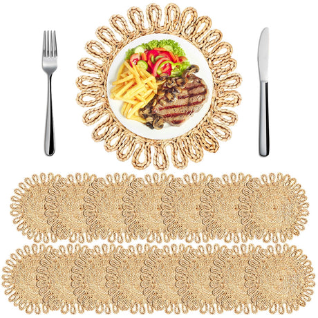 Zopeal 16 Pieces 11 Inches Woven Round Placemats Rattan Chargers Wicker Boho Placemats Natural Braided Table Mats Corn Husk Place Mats Wicker Charger Plates for Wedding(Solid) Zopeal