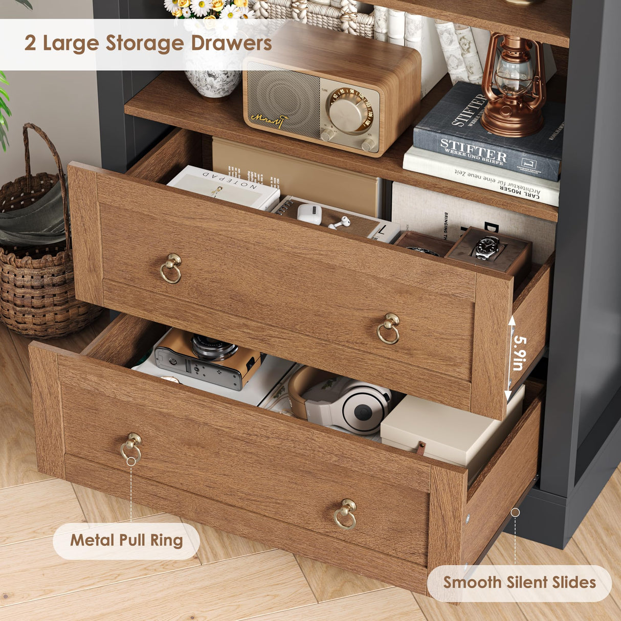 FINETONES 70" Tall Arched Bookcase with Drawers, 6-Tier Arched Cabinet with Open Display Shelves, Farmhouse Wooden Bookshelf Storage Cabinet for Living Room, Home Office (Black/Brown) FINETONES