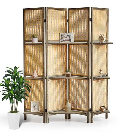 Asnefeli 4 Panel Room Divider with Shelves, Foldable Wood Room Divider Panel, Rattan Divider Wall, Folding Privacy Screen, Portable Room Partition Screen Divider for Room Separation (Brown) Asnefeli