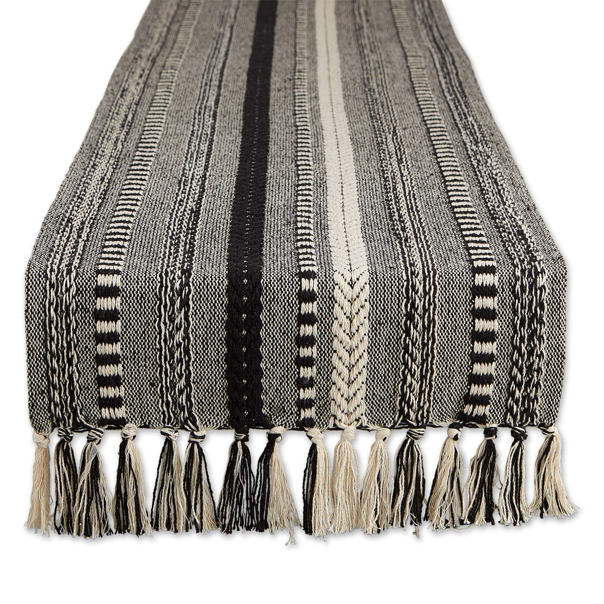 DII Farmhouse Braided Stripe Table Runner Collection, 15x72 (15x77, Fringe Included), Black DII
