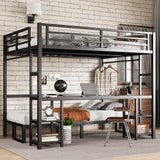 KEIKI Metal Queen Over Twin XL Bunk Bed with Desk & Shelves & USB & LED, Multiple Uses Folds into Sofa - Black KEIKI