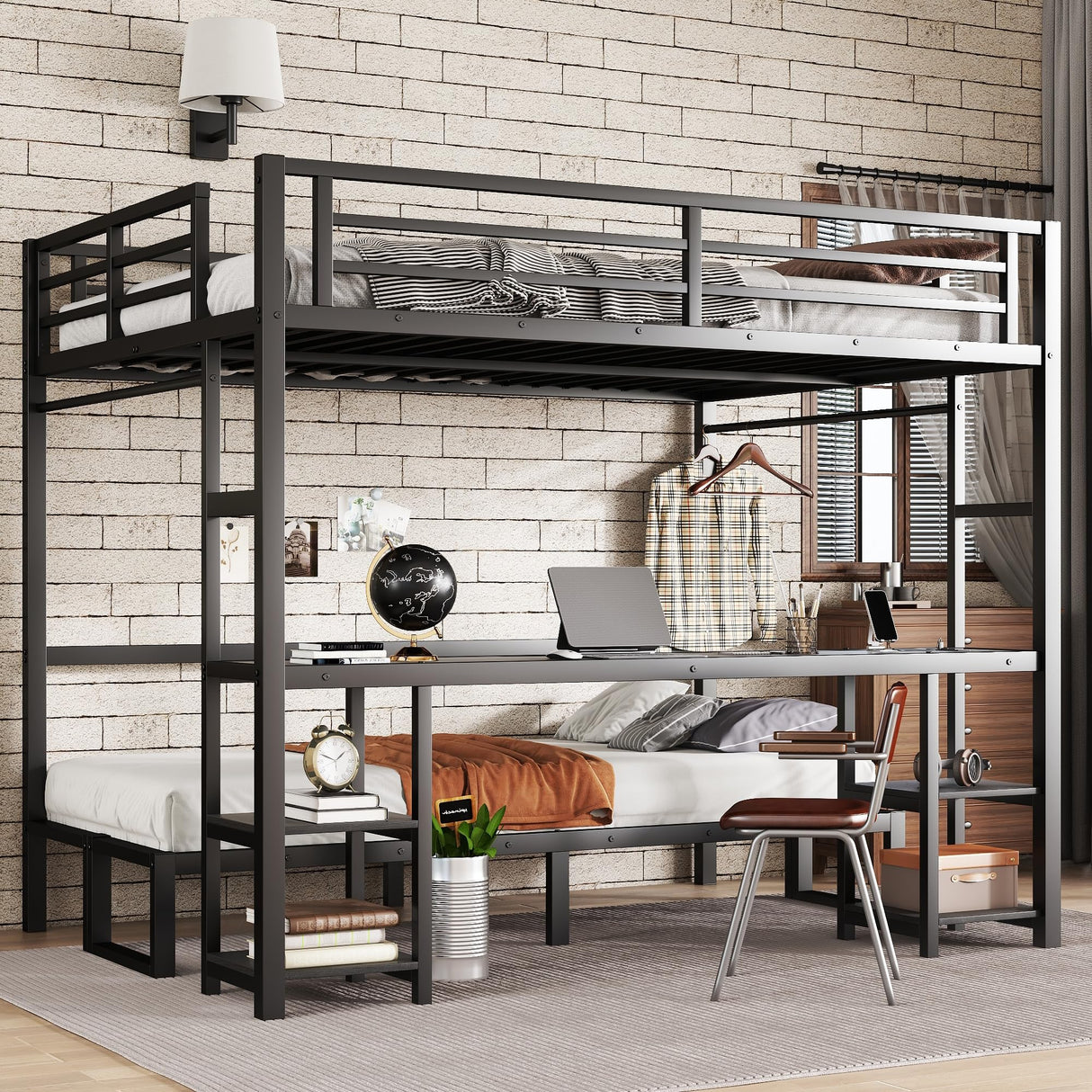 Ball & Cast Bunk Bed Queen Over Twin XL with Desk and USB Port, Metal Bunk Bed with Led Lights & Storage Shelves, Queen Size Loft Bed for Teen,Safety Guardrail and Ladder,No Box Spring Needed,Black Ball & Cast
