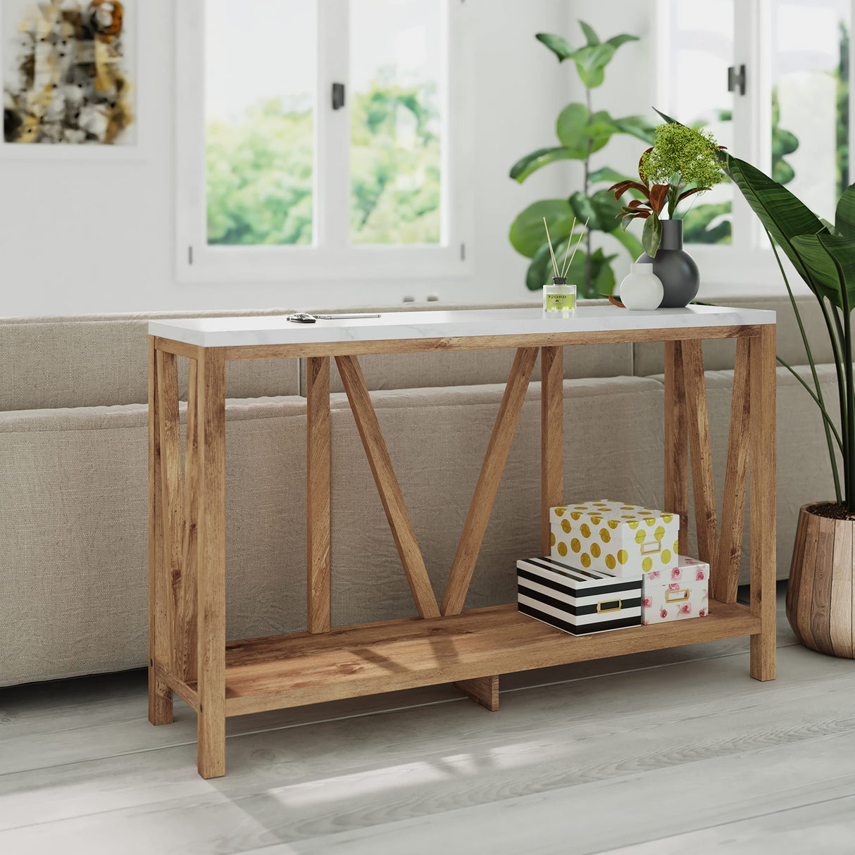 EMMA + OLIVER Owen Sofa Table - Modern Farmhouse Design - Engineered Wood Construction in Warm Oak - Faux Marble Top - Protective Floor Glides EMMA + OLIVER