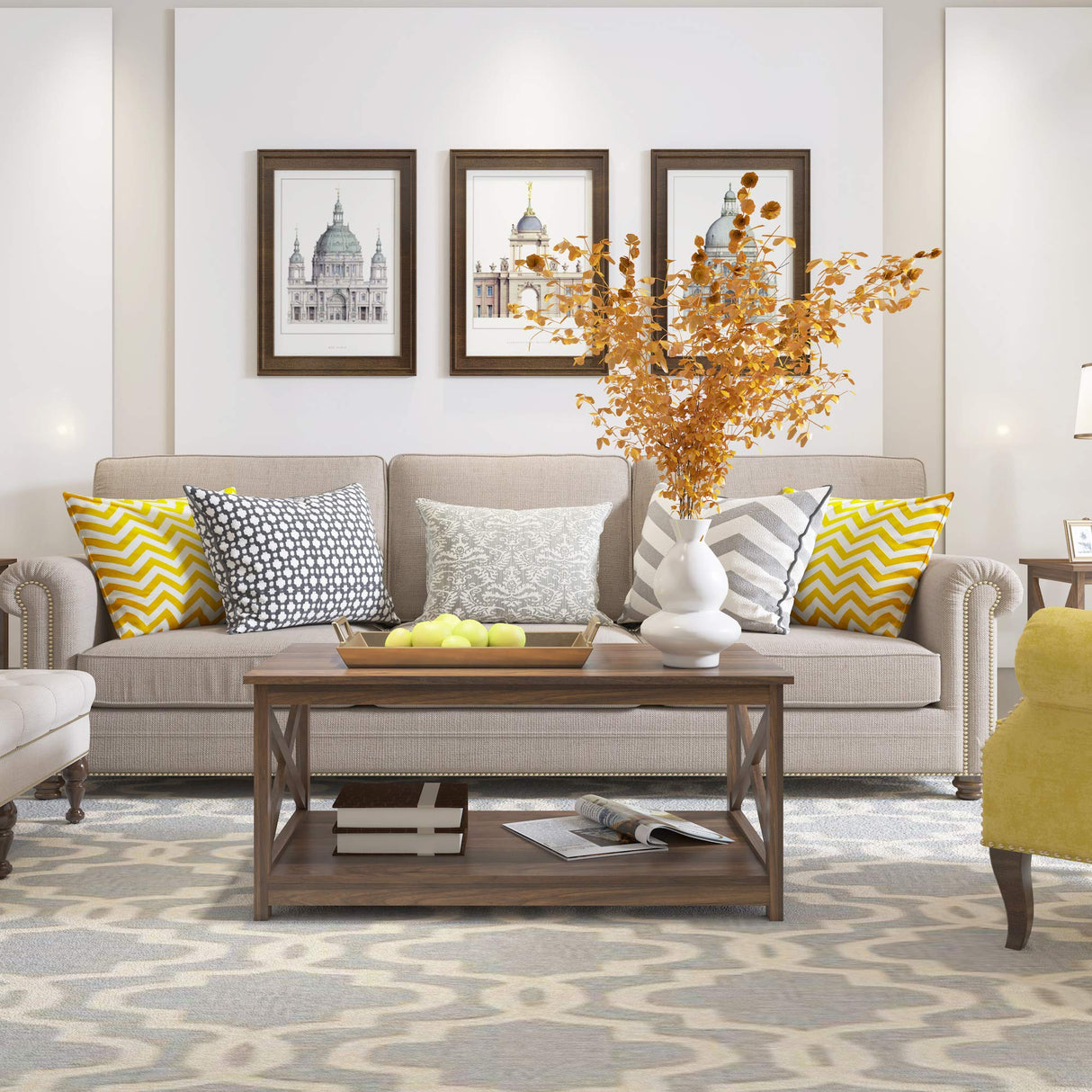 Rainbow Sophia Coffee Table, Modern Farmhouse Wood Coffee Table with 2-Tier Storage, 40 Inch, Dark Walnut Rainbow Sophia