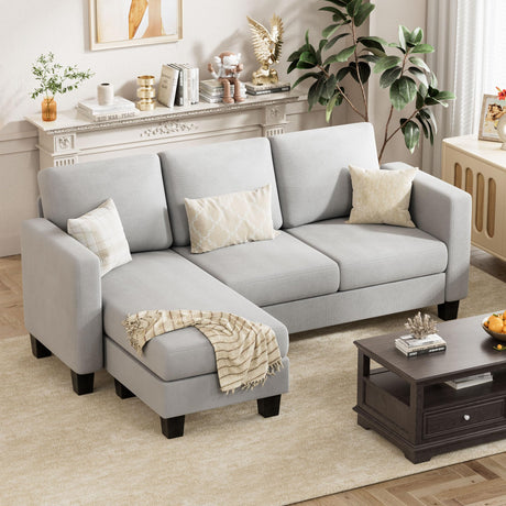 VICTONE Convertible Sectional Sofa Couch, 3 Seat L-Shaped Sofa with Linen Fabric Ottoman Small Couch for Small Apartments, Living Room and Office (Linen Fabric, Light Gray) VICTONE
