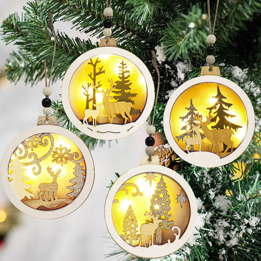 Joiedomi 4 Pcs LED Wooden Christmas Ornaments Hanging Reindeer Ornaments for Indoor/Outdoor Holidays, Party Decoration, Tree Ornaments, Events, and Christmas