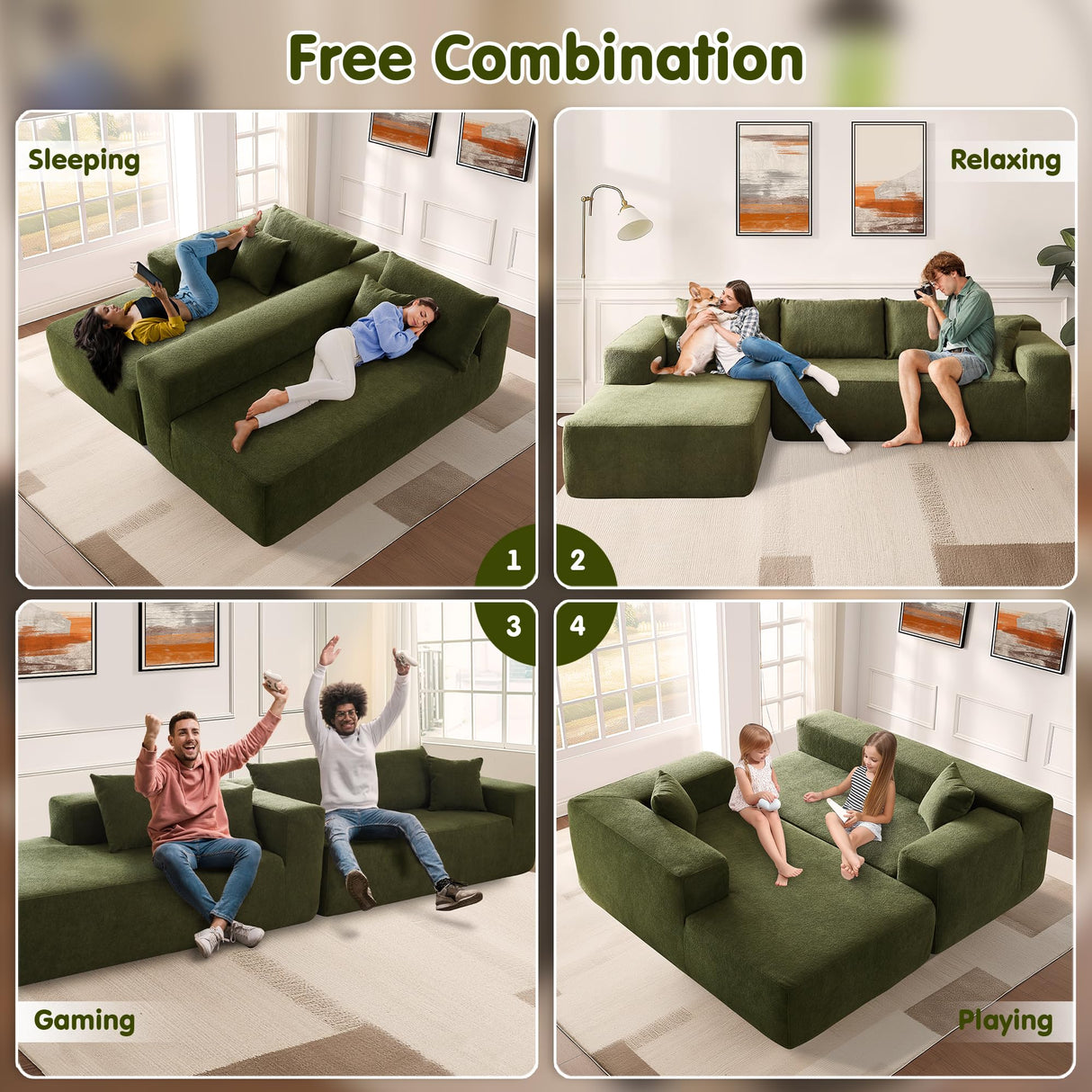 ovios 104" Cloud Sectional Couch with L-Shape Chaise,Modern Modular Sofa with Deep Seat, Upholstered Couches for Living Room Bedroom,No Assembly Required, Green (Cloud Velvet) ovios