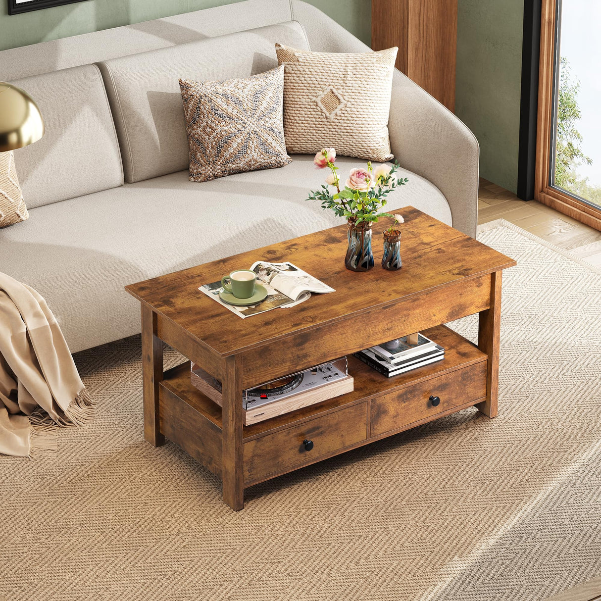 WLIVE Coffee Table, Lift Top Coffee Table with 2 Drawers, Large Storage and Open Shelf, Lift Tabletop for Living Room, Rustic Brown WLIVE
