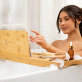 Bathtub Tray with Waterproof Shield Keeps Your Book Open – Extendable Bamboo Bath Tray with Wine Glass Holder - Luxury Bath Tub Caddy Tray for Relaxing in The Bathtub Luxe Lily