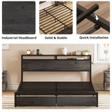 LIKIMIO King Bed Frame with Storage Headboard, Platform Bed with Drawers and Charging Station, No Box Spring Needed, Easy Assembly, Charcoal Grey LIKIMIO