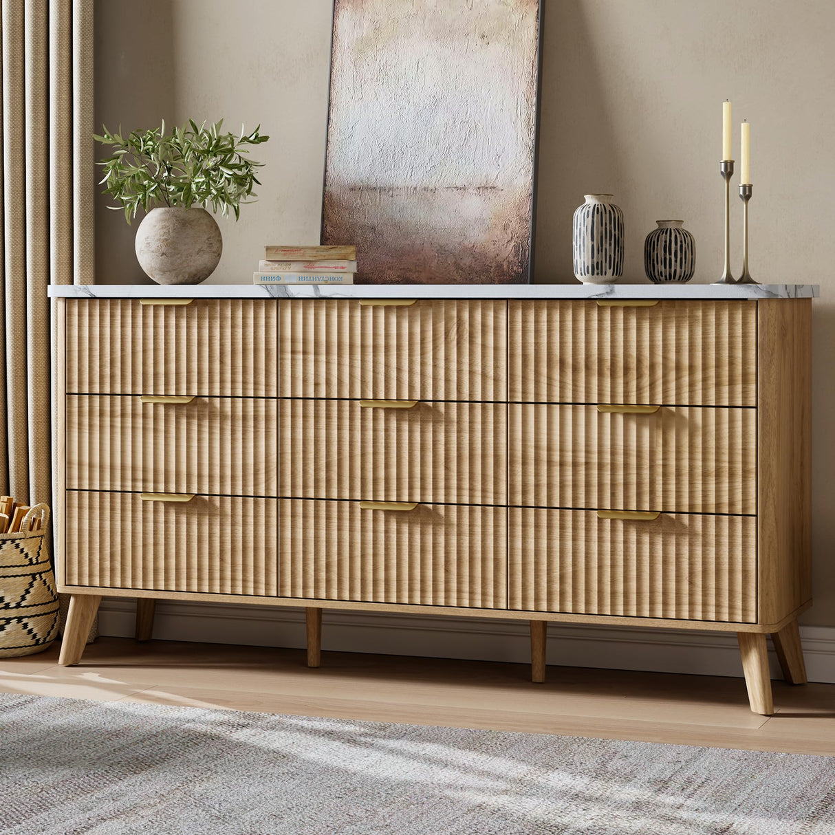 Fluted Dresser for Bedroom with 9 Deep Drawers, 60.6" Wide Modern Chest of Drawer with Faux Marble Top, Wooden Dresser TV Stand, Curved Profile Design, for Living Room, Kids Room, Hallway, Natural Oak GarveeHome