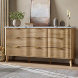 Fluted Dresser for Bedroom with 9 Deep Drawers, 60.6" Wide Modern Chest of Drawer with Faux Marble Top, Wooden Dresser TV Stand, Curved Profile Design, for Living Room, Kids Room, Hallway, Natural Oak GarveeHome