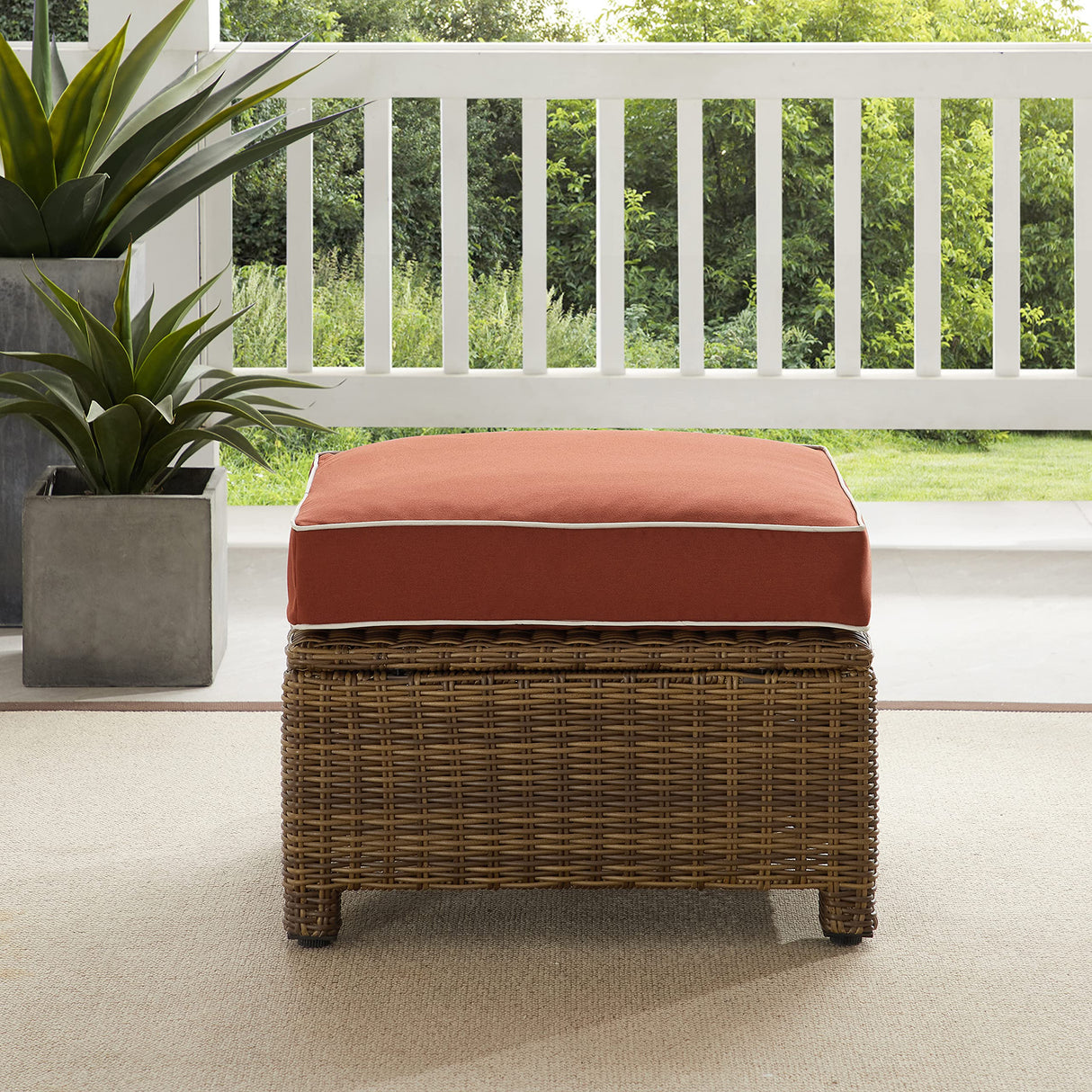 Crosley Furniture Bradenton Wicker Outdoor Ottoman Foot Rest for Patio, Deck, Porch, Brown with Sangria Cushions Crosley Furniture