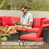 Devoko Patio Furniture Sets 6 Pieces Outdoor Sectional Rattan Sofa Manual Weaving Wicker Patio Conversation Set with Glass Table and Cushion (Red) Devoko