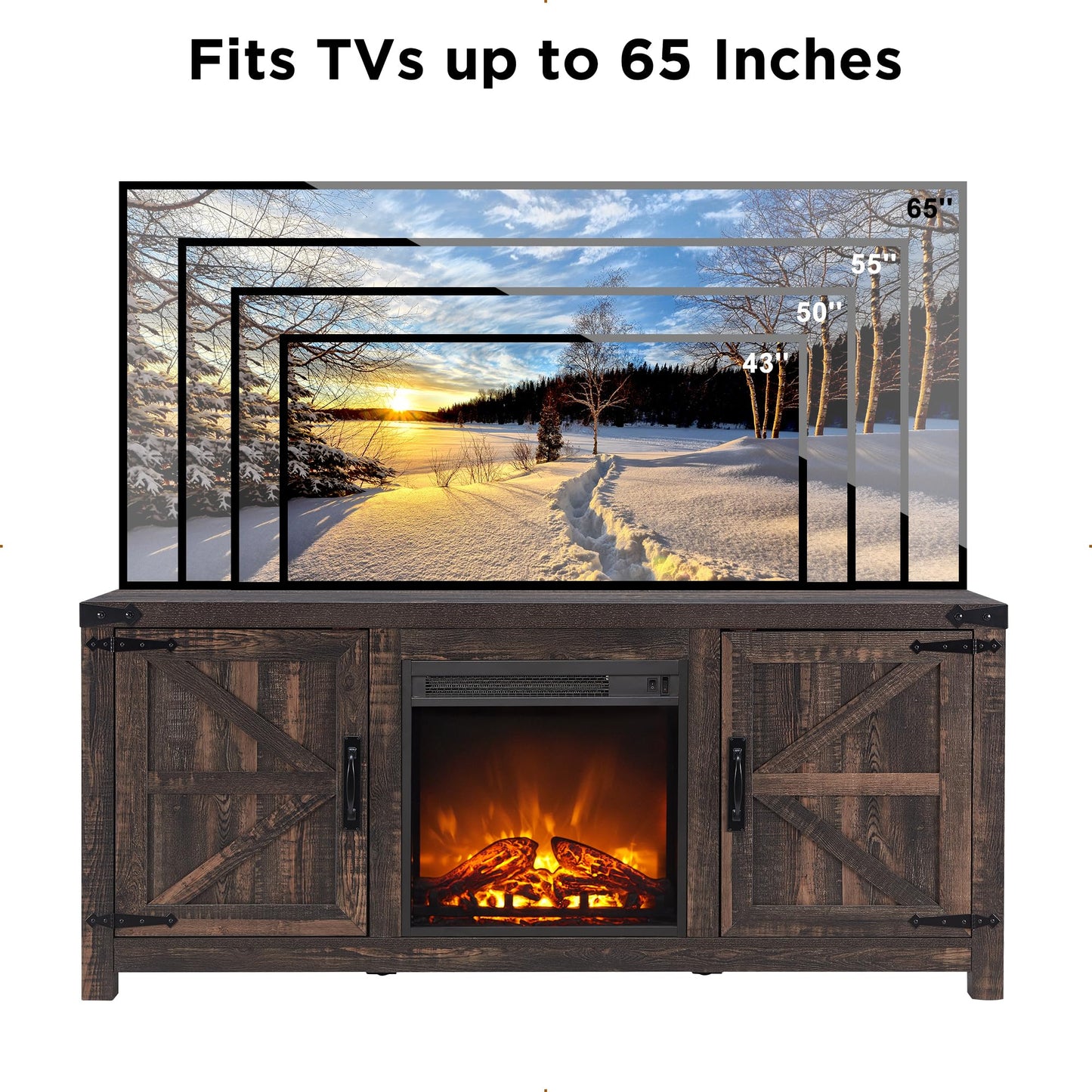 T4TREAM Fireplace TV Stand for 65 Inch TV, Farmhouse Barn Door Media Console, Entertainment Center with 18" Electric Fireplace Storage Cabinet Doors,for Living Room, 58 Inch, Dark Rustic Oak