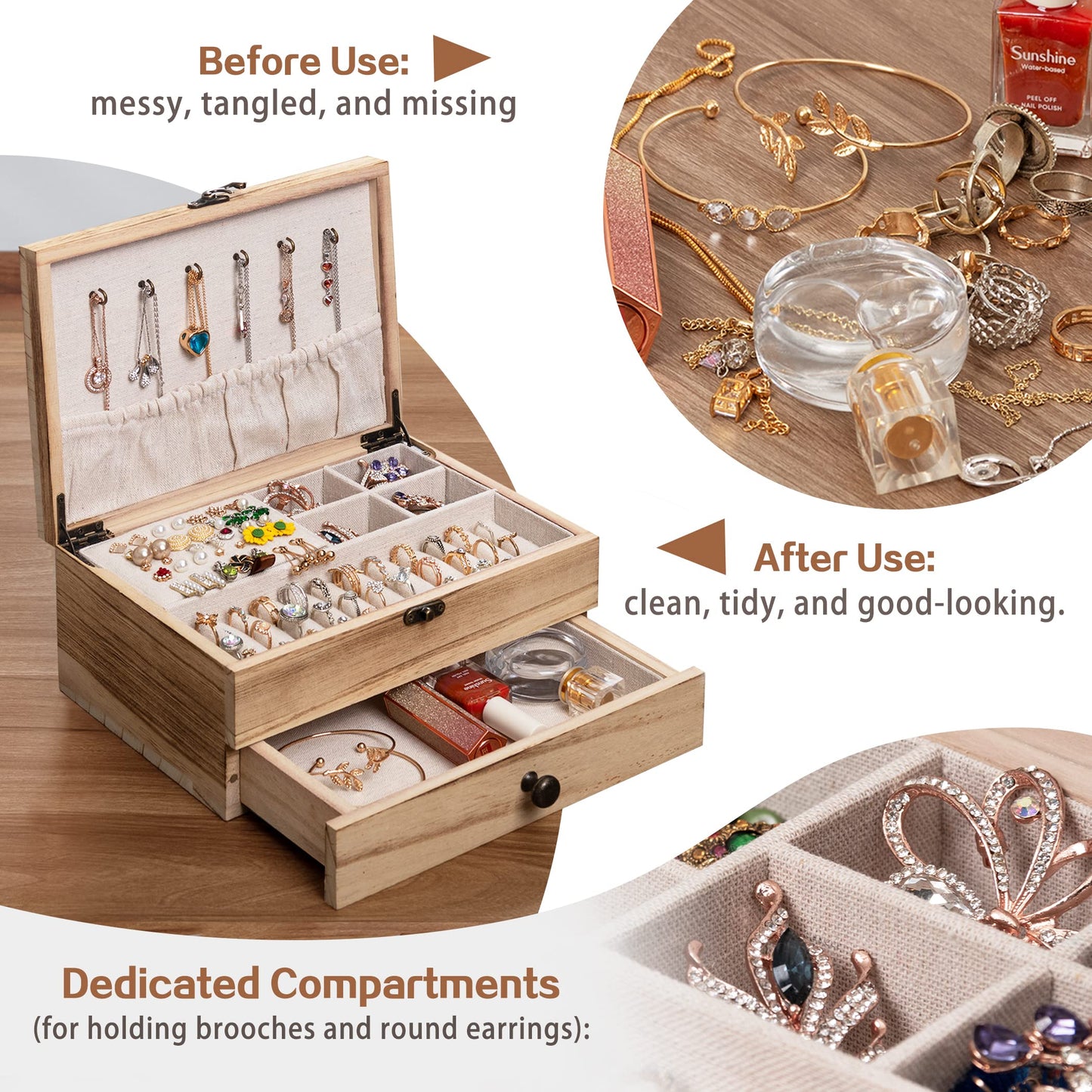 Tektalk Jewelry Box for Women Girls Jewelry Organizer Farmhouse Style Jewellery Holder for Necklace Earrings Rings Bracelets - Light Brown - WoodArtSupply