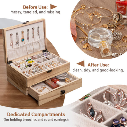 Tektalk Jewelry Box for Women Girls Jewelry Organizer Farmhouse Style Jewellery Holder for Necklace Earrings Rings Bracelets - Light Brown - WoodArtSupply