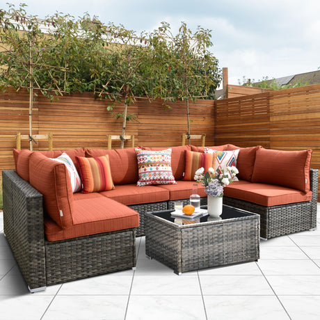 HOOOWOOO Patio Outdoor Sectional Furniture Sofa Set,7 Piece U Shaped Corner Wicker Rattan Couch Set,Rustic 6 Persons Summer Patio Conversation Set for Outside Porch Deck Garden(Orange Red) HOOOWOOO