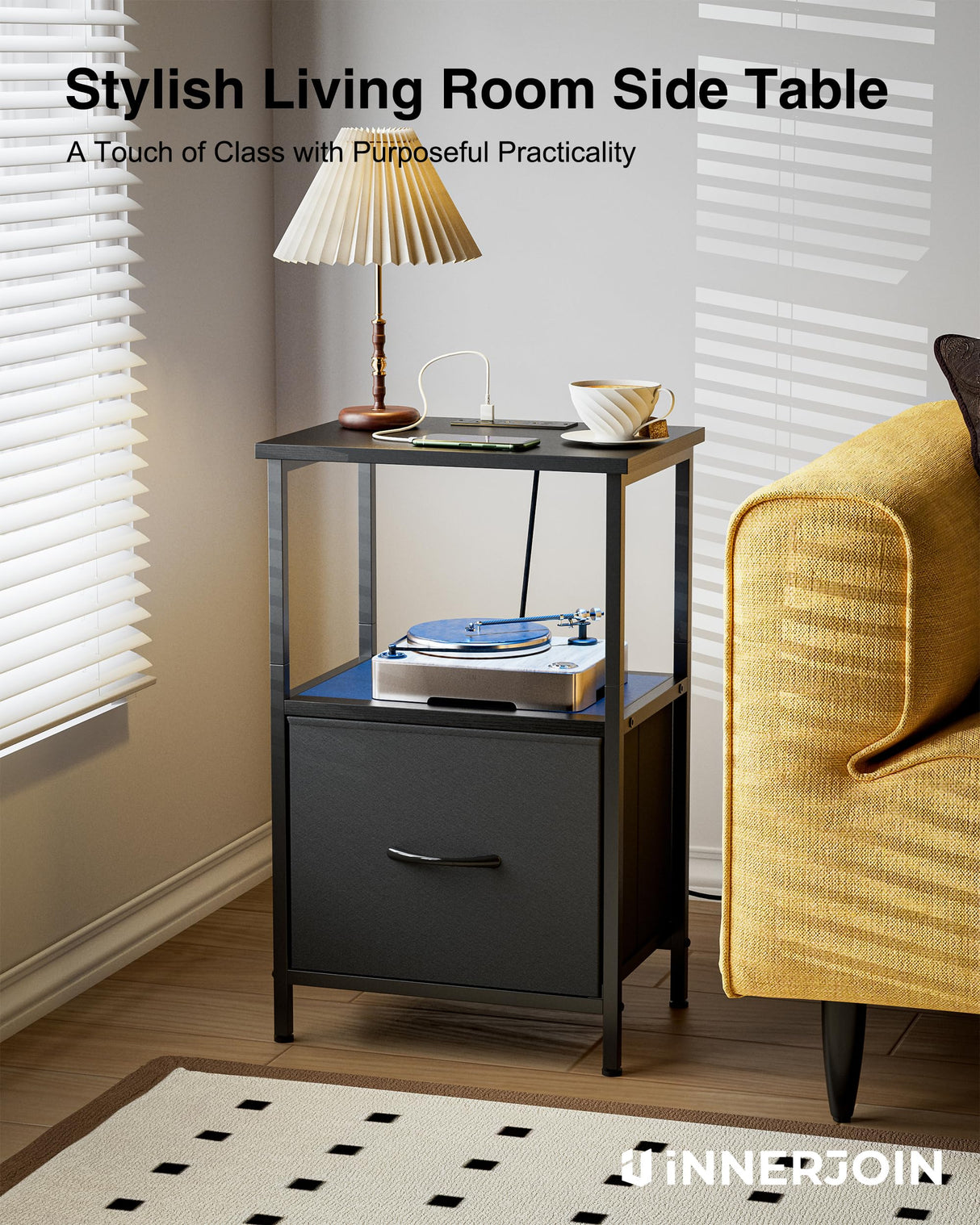 Innerjoin Side Table with Storage, LED Night Stand with A&C Charging Station, End Tables Living Room, Nightstand for Bedroom with Fabric Drawer, Black Innerjoin