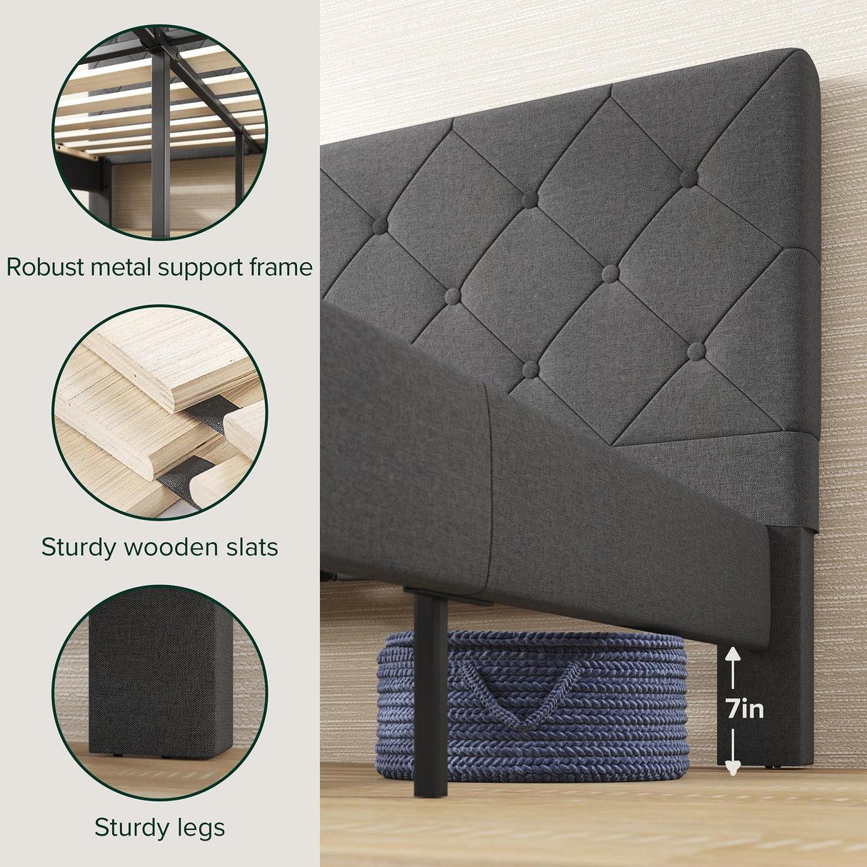 ZINUS King Shalini Upholstered Platform Bed Frame with Headboard [New WonderBox(TM) Version], Wooden Slat Support, No Box Spring Needed, Easy Assembly, Eco Friendly Packaging, Dark Grey ZINUS