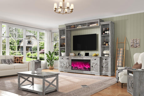 AMERLIFE 98in Farmhouse Entertainment Center with 36" Fireplace, TV Stand, Bookshelves, Wine Cabinet, Fits 75" TVs, Large Wall Unit Media Console with Power Outlets & Barn Doors, Living Room, Grey AMERLIFE