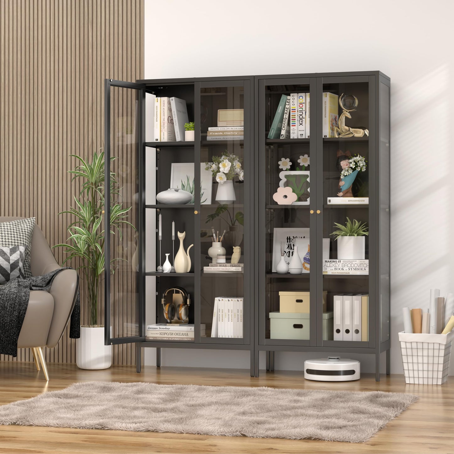 SteeLoong Glass Display Cabinet,66”Metal Black Display Cabinet with Glass Doors and 3 Adjustable Shelves,Curio Display Cabinet for Livingroom