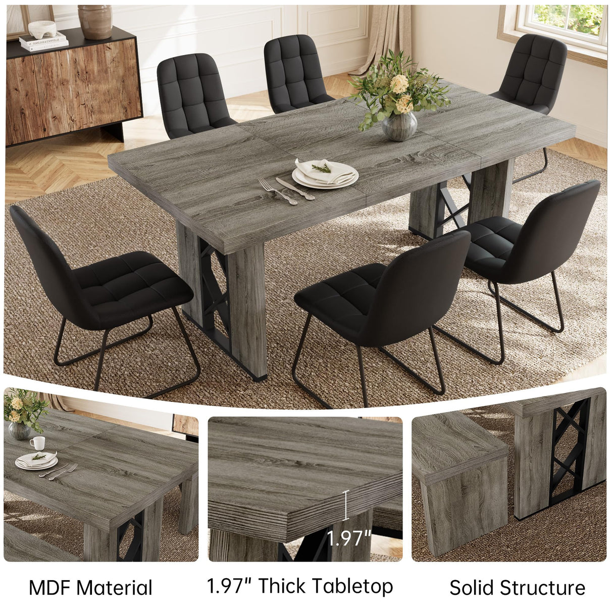 HIPIHOM 7-Piece Dining Table Set for 6-8 People, 70.8" MDF Kitchen Table with 6 Upholstered Chairs, Space-Saving for Dining Room, Breakfast Nook(Grey Table+6 U-Shaped Black Chairs) HIPIHOM