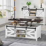 wanan 47.2" Lift Top Coffee Table, 4 in 1 Farmhouse Coffee Table with Sliding Barn Doors, Coffee Tables for Living Room, Dining Room (White) wanan