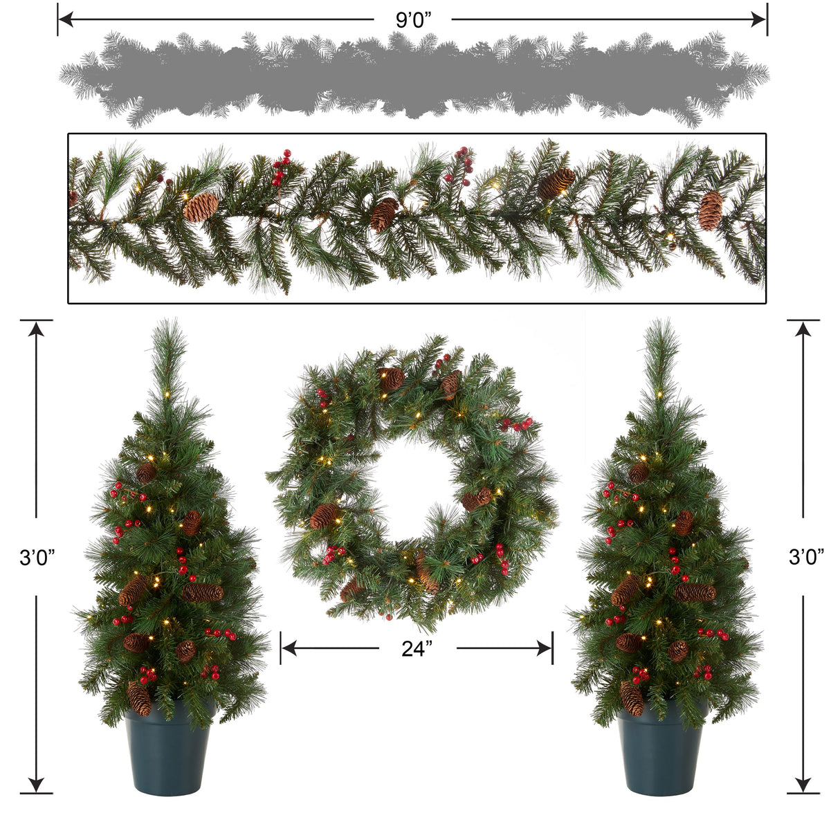 National Tree Company National Pre-lit White LED Lights Holiday Christmas 4-Piece Set | Garland, Wreath and Set of 2 Entrance Trees, No Size, Green National Tree Company