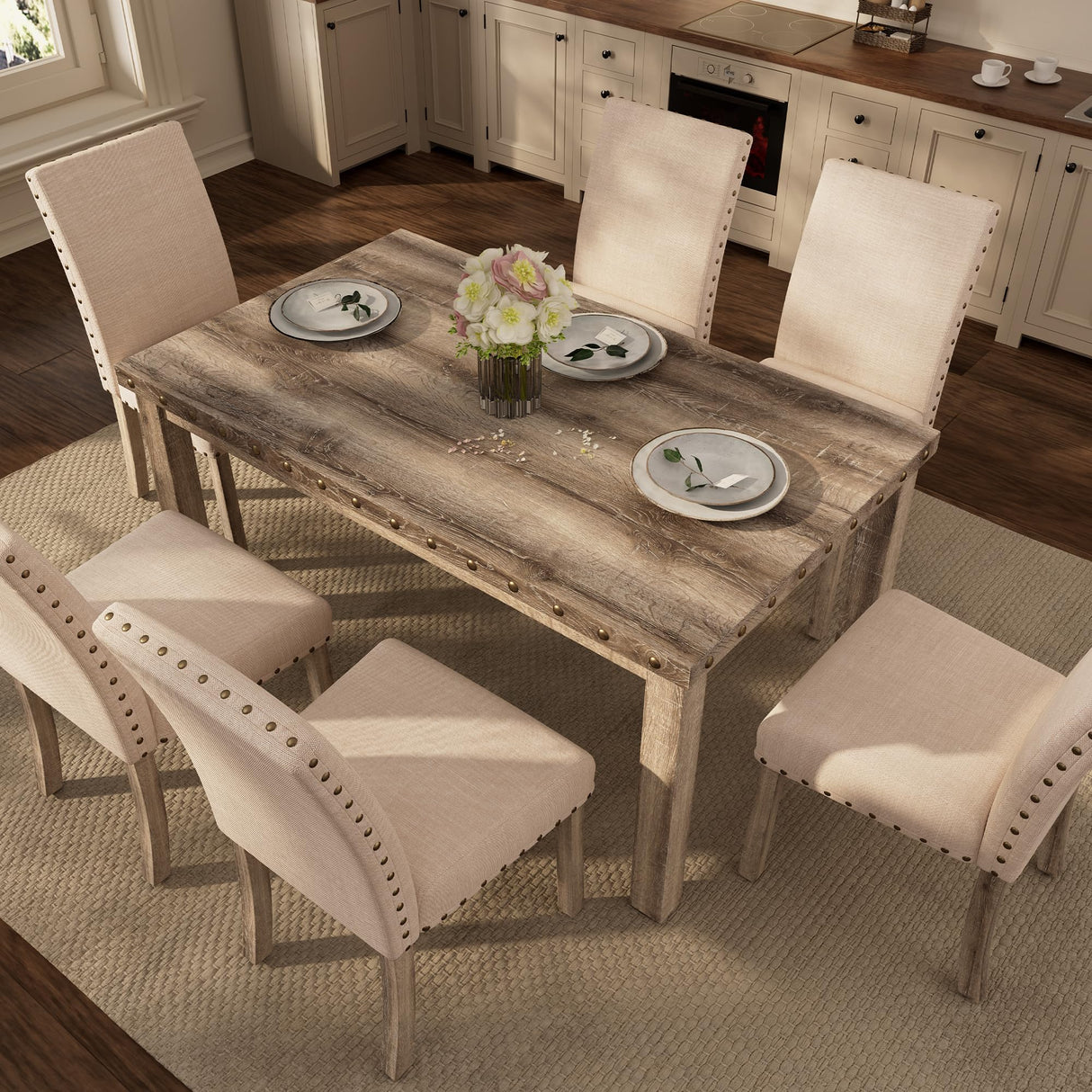 Morden Fort Rustic Dining Table Set for 6, Farmhouse Kitchen Dining Chairs for 6, Charming 60" Rectangular Wooden Table&6 Upholstered Chair with Nailhead Accents for Dining Hub,Breakfast Nook Morden Fort
