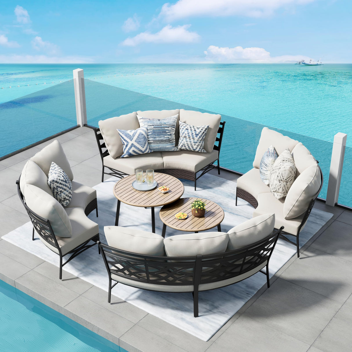 PHI VILLA Outdoor Patio Furniture Set 10 Piece, Round Sectional Curved Outdoor Sofa for 8 Persons with 2 Round Table for Garden, Poolside, Balcony, Backyard PHI VILLA