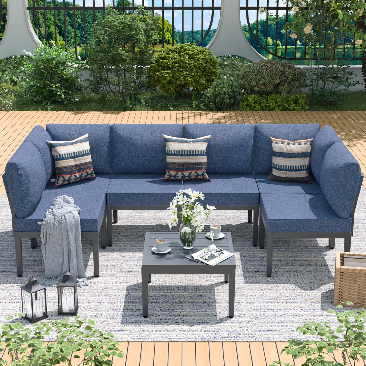 Kullavik Patio Furniture Set,7 Pieces Metal Modern Outdoor Furniture,Outdoor Sectional Sofa w/5.1" Cushions and Coffee Table for Patio,Backyard，Navy Blue Kullavik