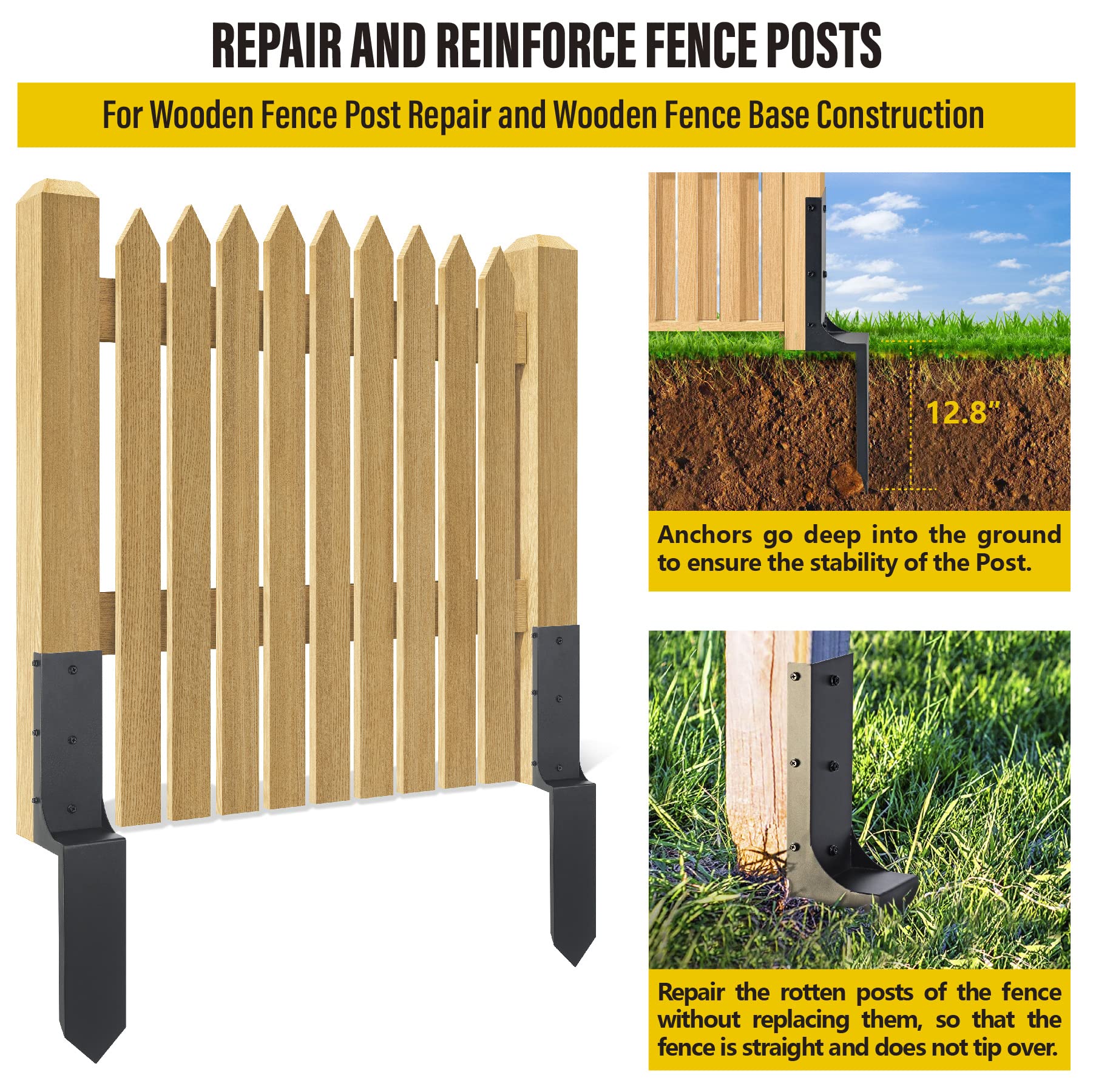 Epcee Heavy Duty Steel 4"x4" (Actual 3.6"x3.6") Fence Post Repair Kit, Fence Post Anchor Ground Spike, for Wooden Fence Post Repair and Wooden Fence - WoodArtSupply