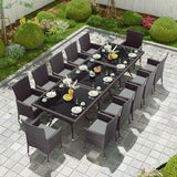 Kullavik 15-Piece Outdoor Dining Set Patio Rattan Furniture Set,Patio Dining Table and Chairs Set with 12 Chairs and Cushions,Square Glass Tabletop with Umbrella Hole for Patio,Backyard,Garden,Grey Kullavik