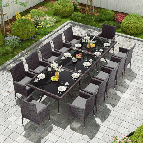 Kullavik 15-Piece Outdoor Dining Set Patio Rattan Furniture Set,Patio Dining Table and Chairs Set with 12 Chairs and Cushions,Square Glass Tabletop with Umbrella Hole for Patio,Backyard,Garden,Grey Kullavik