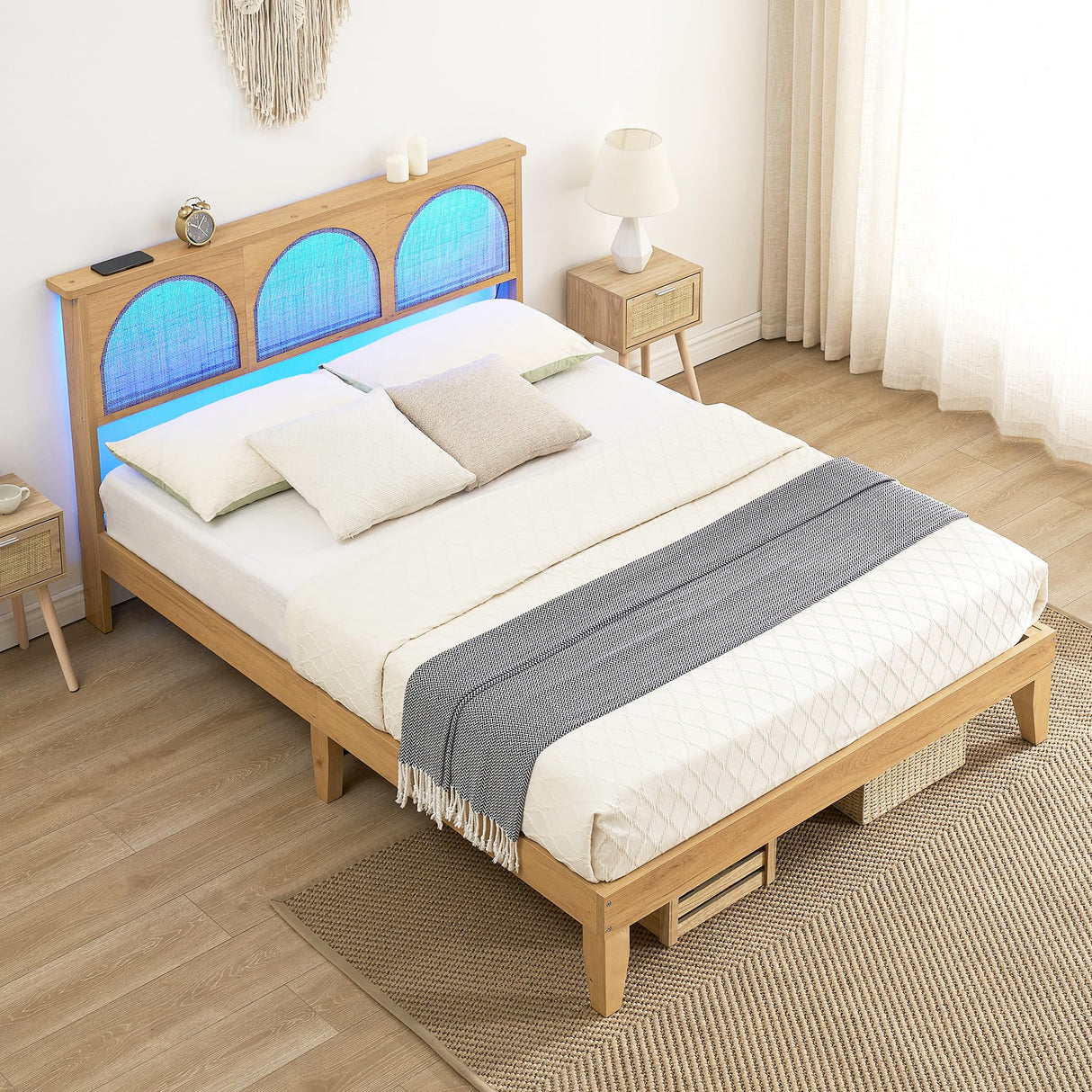 Amyove 12.4 Inch Deluxe Solid Wood Queen Bed Frame with Rattan Headboard and LED Lights Amyove