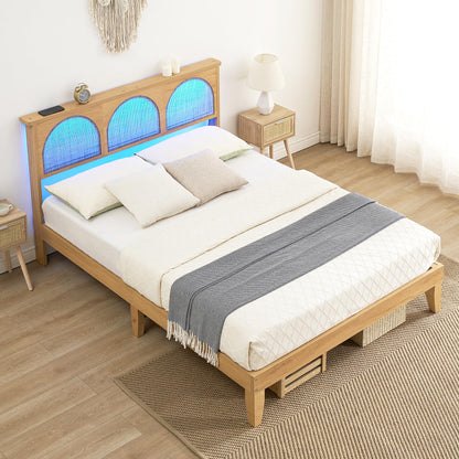 Amyove 12.4 Inch Deluxe Solid Wood Queen Bed Frame with Rattan Headboard and LED Lights - WoodArtSupply