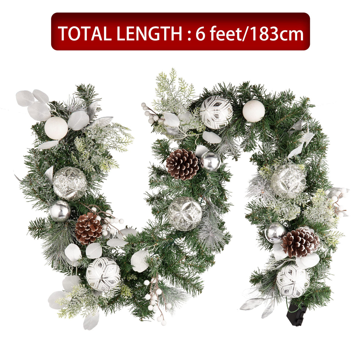 Valery Madelyn 6 Feet Pre-Lit Christmas Garland with Lights for Mantle, Lighted Outdoor Xmas Garland with Snowy White Ball Pinecones for Home Stairs Fireplace Table Centerpiece Indoor Holiday Decor Valery Madelyn
