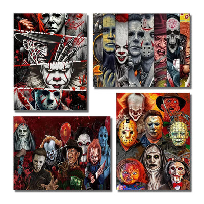 NEGEKFKX 4 Pack Halloween Diamond Art Kits for Adults Beginners,Horror Diamond Painting Kits for Adults,5D Full Drill DIY Diamond Dot Gem Art Kit Wall Home Decor Arts Craft 12x16 inch